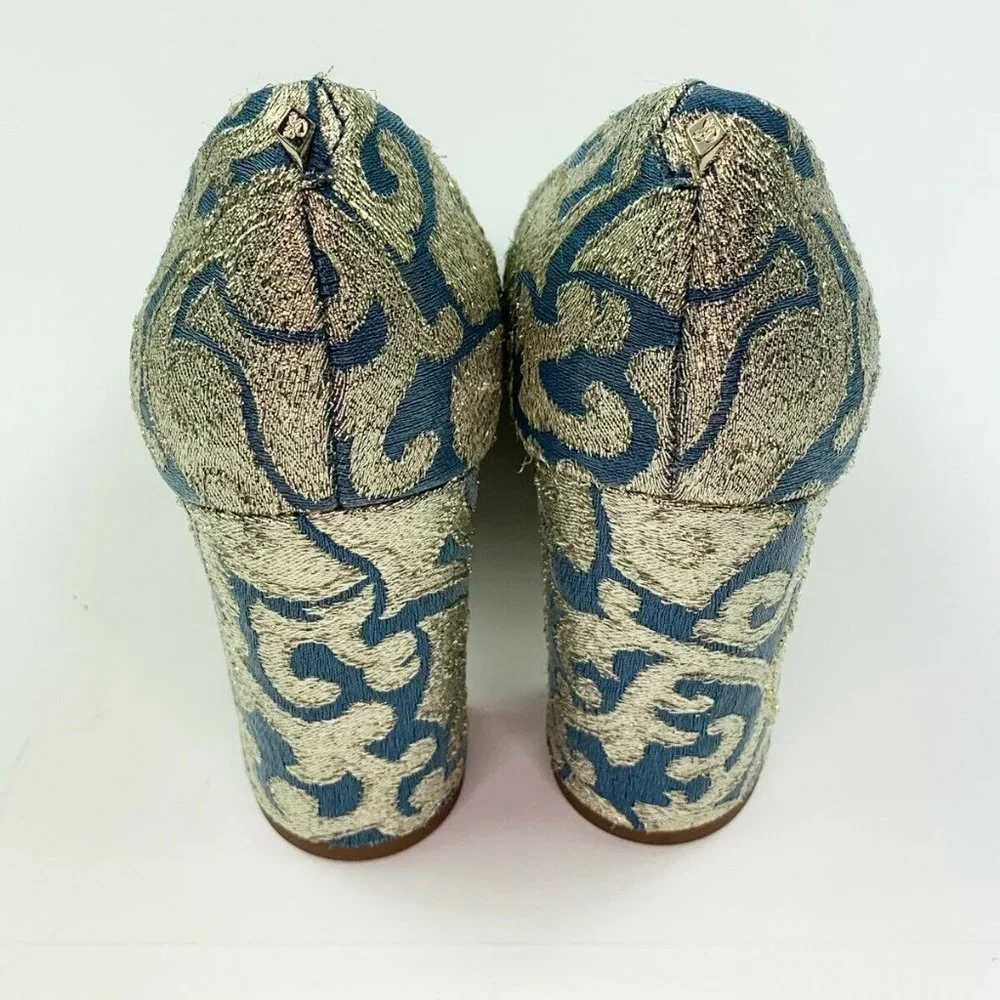 Sam Edelman Stillson Pumps 5.5 Blue Metallic Gold Block Heels - Picture 6 of 8